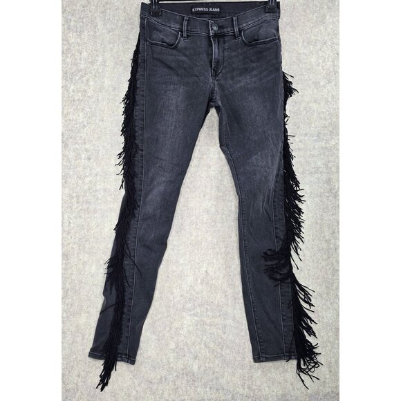 Express Jeans Fringe Legging Mid-Rise Skinny Jeans Black Denim Womens Size 6R - Picture 1 of 10